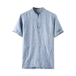Mens 100% Linen Stand Collar Short Sleeve Summer T Shirts Casual Pullover pocket - Picture 1 of 19