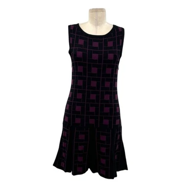 Vestido Suéter Alice + Olivia Dani Cintura Caída Plisado Tejido Cuadros Negro Púrpura Mediano Foto 1 de 4