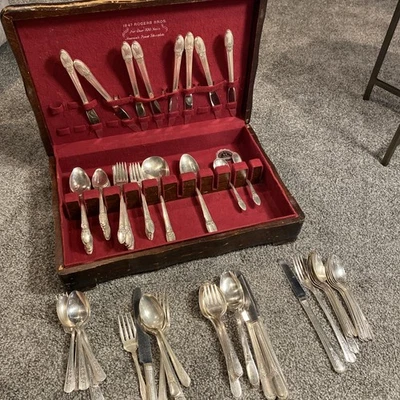 91 Pieces Plus 1847 Rogers Bros First Love 49 Piece Silverplate Set, Wooden Box - Image 1 of 4