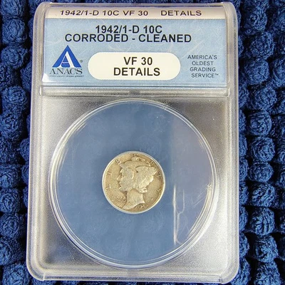 1942/1-D Silver Mercury Dime - ANACS VF 30 - Details - Surviving Pop.- 3,000 - Image 1 of 4