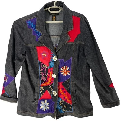 Chaqueta bordada Alex Kim Art to Wear talla M floral algodón lino retazos Foto 1 de 4