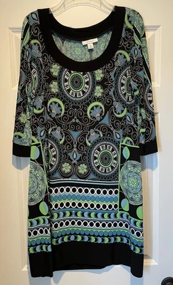 Dressbarn Black Green Patterned Knee Length Dress 3/4 Sleeves Size XL - Image 1 of 4