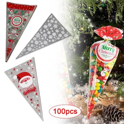 100X Christmas Cello Party Loot Bags Cone Cellophane Treat Bag Candy Sweet Gift