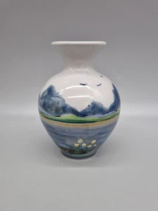 A Highland Stoneware Landscape Hand Painted Studio Pottery Bulbous Bud/posy Vase - Picture 1 of 8