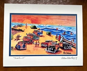 Surfs Up Kunstdruck California Ford Wood1e Station Wagon Surfbrett Surfen CA Auto - Bild 1 von 2