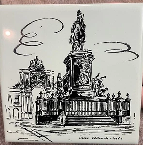 4.5" Portugal Tile Trivet Green Lisbon equestrian statue of D. Jose Cork Back - Picture 1 of 9