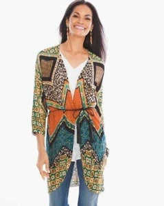 Chico's Size 12 Animal Mix Belted Sweater Cardigan Tribal Orange/Teal/Brown - Picture 1 of 11