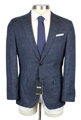 Hugo Boss 运动外套 38 R 男式海军蓝格子羊毛棉弹力修身 Hutson — 第 1/4 张图片