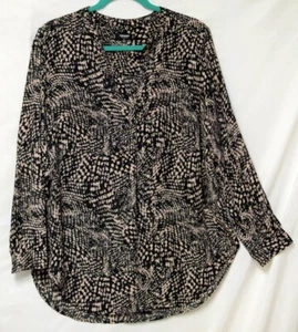 Premise Poly Silk Abstract Black Beige Print Split Band Neck Blouse-Relax Fit-0X - Picture 1 of 8