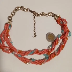 Halskette goldfarben kleine Perlchen orange bunt vielreihig Vintage ca 50 cm icl - Bild 1 von 4