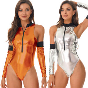 Costume femme brillant métallique astronaute Halloween cosplay fermeture éclair justaucorps