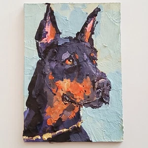 ACEO Original Painting Dog Doberman Pet Portrait Animal Gouache Modern Artwork - Picture 1 of 11