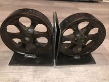 VTG Steampunk style Iron Wheel Bookends 8”Tall Over 7 pounds Each