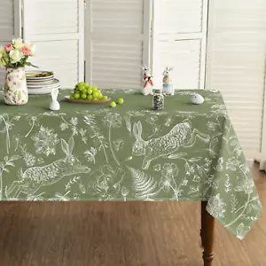Easter Tablecloth 60×120 Inch Rectangular, Green Easter Bunny White Fern Flowers - Picture 1 of 13