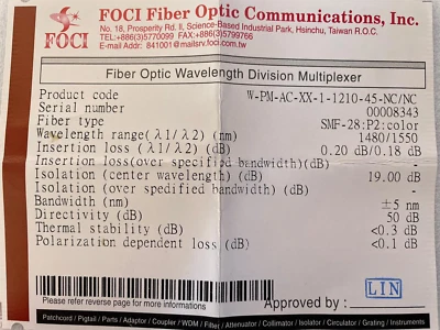 FOCI Filter WDM, Raman coupler, 1475-1485nm and 1545-1555nm, PUMP combiner - Image 1 of 4