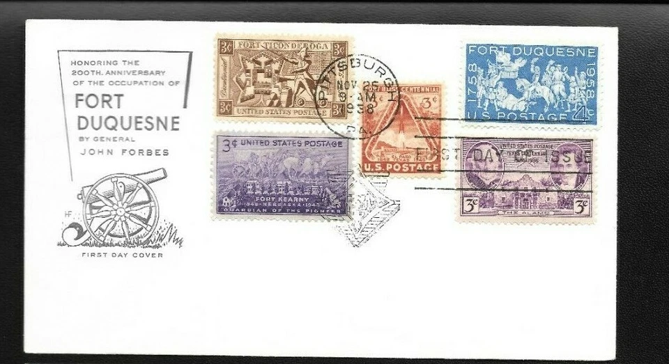 US FDC 1958 Fort Duquesne Combo Cover with 5 Stamps Scott 1123 by Farnam  | - Image 1 of 1