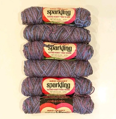 Lot of 6 Vtg Red Heart Sparkling Yarn MOOD INDIGO Purple Blue 4 Ply Sparkle - Image 1 of 4