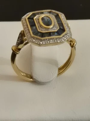 Bague en Or jaune 18 carats 750/100, 4.35 g, ornée de saphir et brillants - Photo 1/4