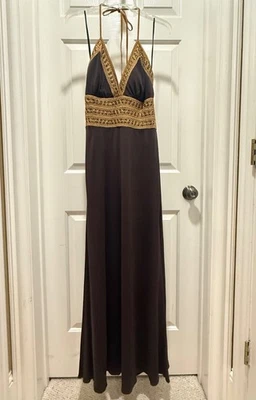 Maxi Vestido Halter PHOEBE COUTURE 10 Marrón Dorado De Colección Y2K Formal Cóctel Foto 1 de 4