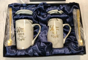 Set 50th Wedding Anniversary Mrs. & Mr. Right Ceramic Mugs w/ Lids & Spoons.  - Picture 1 of 11