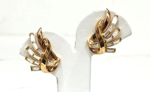 Trifari Earrings Vintage Clip On Alfred Philippe Baguette Rhinestone Fan Ribbon - Picture 1 of 12