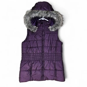 New York & Company Purple Zip-Up Puffer Vest Medium Detachable Faux Fur Hood Y2K - Picture 1 of 14