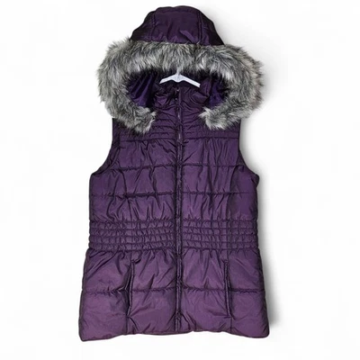 New York & Company Purple Zip-Up Puffer Vest Medium Detachable Faux Fur Hood Y2K - Image 1 of 4