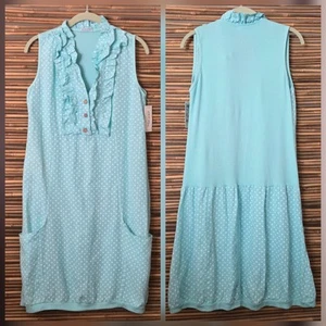 NWT 100% Linen Made in ITALY White Polka Dot Aqua Blue Sleeveless Dress Ruffle - Picture 1 of 18