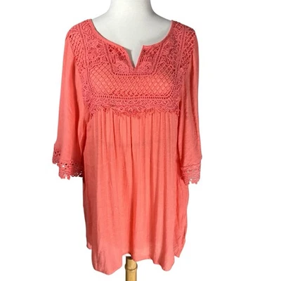 Valerie Stevens Coral Pink Crochet Panel Peasant Flowy Tunic Blouse Top Sz XL - Image 1 of 4