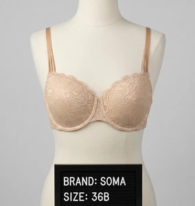 Soma 36B Intimates Women's Enticing Lift Unlined Balconette Bra Beige Tan Nude - Afbeelding 1 van 13