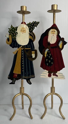 Two Farmhouse Rustic Old World Santa Candle Holders 19" Tall Made of iron &Tin - Image 1 of 4
