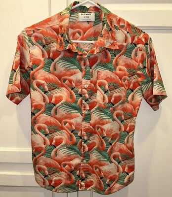 Old Navy Youth Hawaiian Short Sleeve Aloha Camp Flamingo Shirt Sz 14-16 - Image 1 of 4