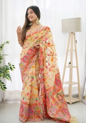 Broder Heavy Style Print Jacquard Women Soft Party  Wear Bollywood saree Silk - Image 1 of 4