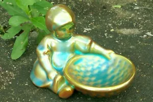 ZSOLNAY SMALL CHILD HOLDING BASKET, EOSIN IRIDESCENT Green Blue Gold GLAZE - Picture 1 of 1