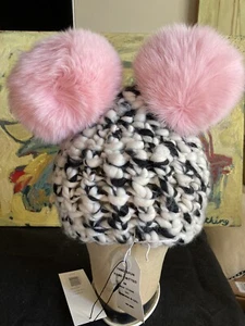 NEW Mischa Lampert Kids Black & White Mickey Mouse Fur Pom Poms Beanie $210 - Picture 1 of 6