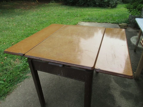 VINTAGE KITCHEN ENAMEL PORCELAIN TABLE PULL OUT LEAVES DRAWER BROWN WOOD LEGS Cover