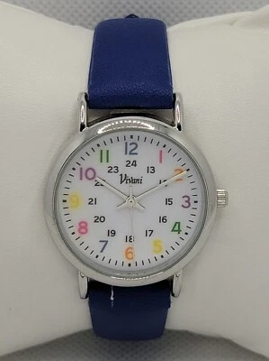 Ladies Vivani Round Silver Tone Case Blue Faux Leather Bracelet Analog Watch K9 - Image 1 of 4