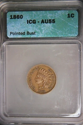 1860 Indian Head Cent - ICG AU55 * Pointed Bust * Full Liberty - Diamonds!! - Image 1 of 4