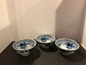 Set of 3 Asian Rice 6" Footed Bowl Blue With Grape Leaf Pattern - Picture 1 of 4