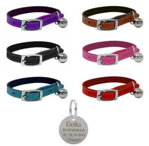 Leather Cat Collar, Safety Elastic, Bell, Range of Colours & Engraved Nickel Tag - Picture 1 of 8