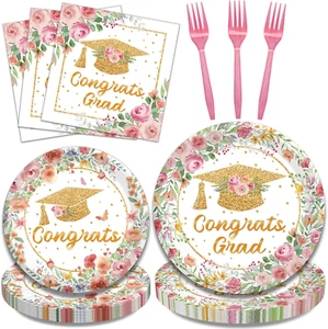 96Pcs Pink Graduation Party Paper Plates Napkins, Floral Class of 2025 Congrats  - Picture 1 of 12