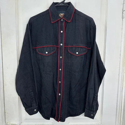 VTG Harley Davidson Woman Sz S Black Denim Snap Shirt Jacket Shacket Embroidered - Image 1 of 4