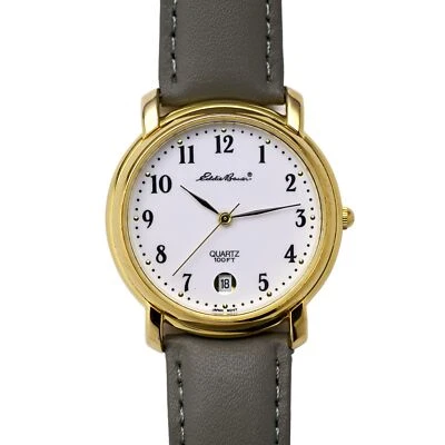 Relógio de pulso Eddie Bauer folheado a ouro mostrador branco pulseira de couro genuíno cinza 35mm - Imagem 1 de 4