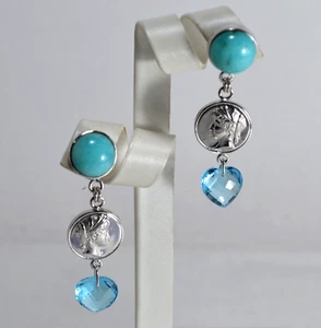 ORECCHINI ARGENTO 925 TONDO AMAZZONITE TOPAZIO AZZURRO CUORI AGHT 0947 - Foto 1 di 3