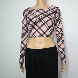 Just Polly women's top sz Medium backless plaid pink crop top with back chain - Picture 1 of 6