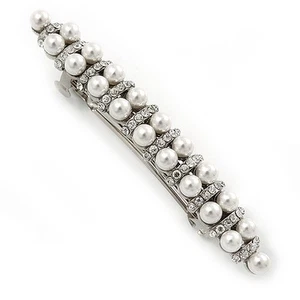 Bridal Wedding Prom Silver Tone Glass Pearl, Crystal Barrette Hair Clip Grip - - Picture 1 of 6