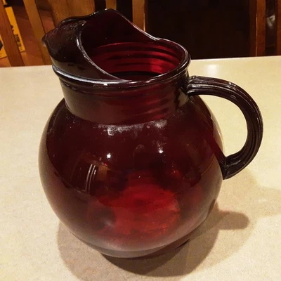 Vintage Royal Ruby Red Anchor Hocking Glass Ball Jug Pitcher Ice Lip Hand Blown - Image 1 of 4