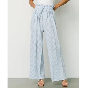 NEW Baltic Born Delphi Wide Leg Pants Blue Stripe XL Paperbag Waist 100% Cotton - Picture 1 of 9