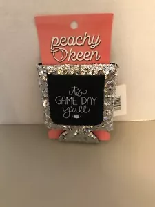 Peachy Keen Sequined Koozie “it’s GAME DAY Y’all” Silver with Black Pocket - Picture 1 of 3