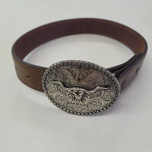 Cody James Belt Kids Brown Leather 20" Silver Longhorn Buckle 1.25"W BLT711-26 - Picture 1 of 9